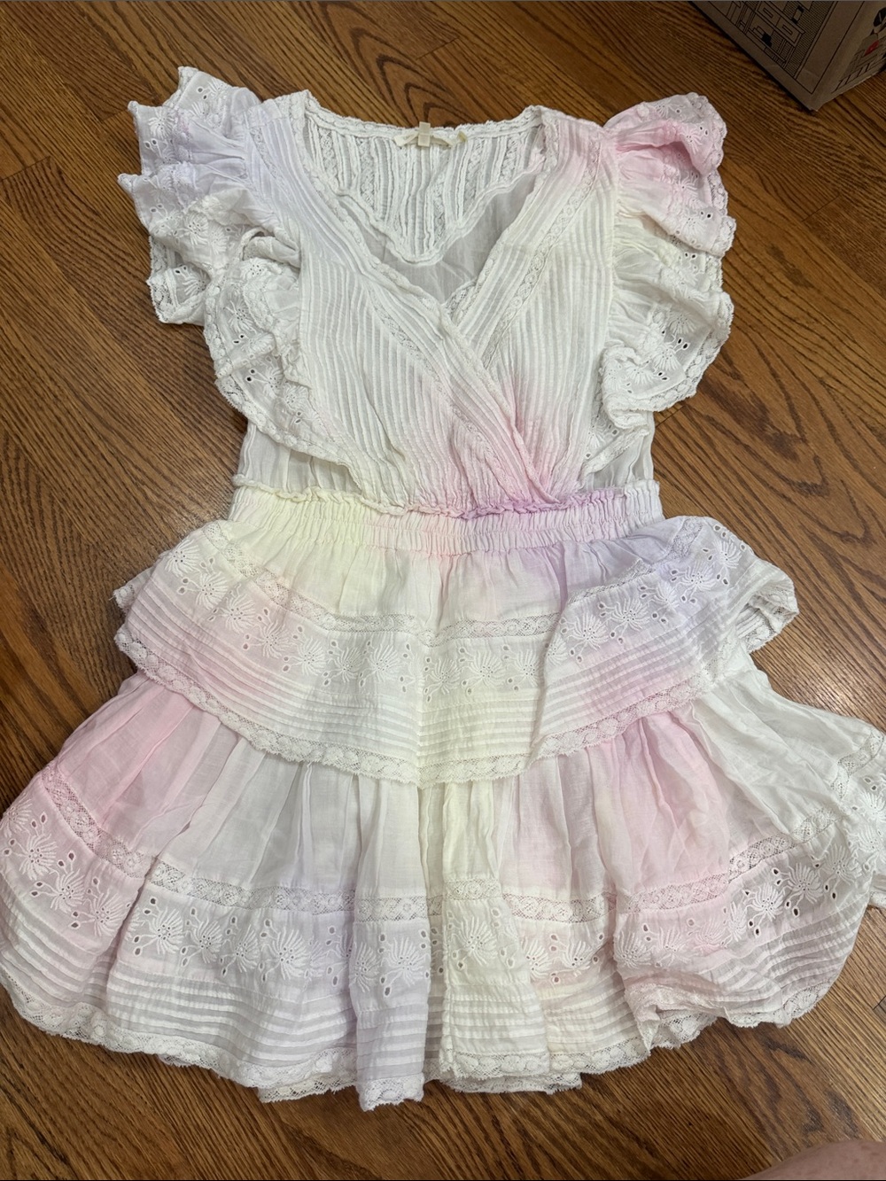 LoveShackFancy Women’s White Eyelet Ruffle Dress with Pastel Tie-Dye Accents